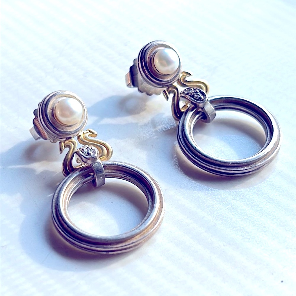 Slane & Slane extremely rare 18k gold and sterling silver diamond pearl earrings - Picture 3 of 8